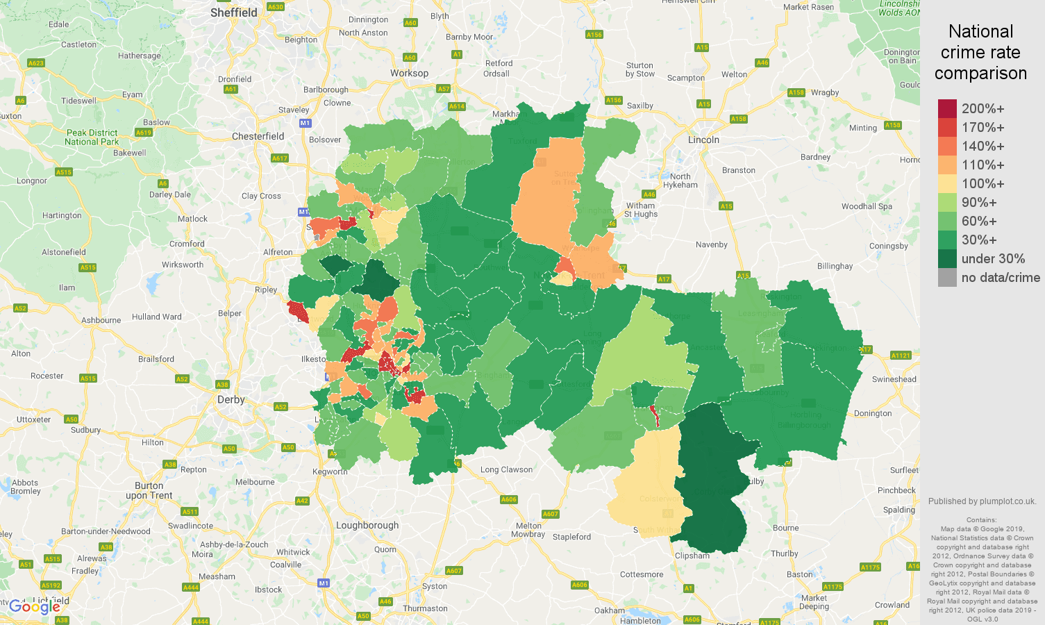 Nottingham other theft crime rate comparison map