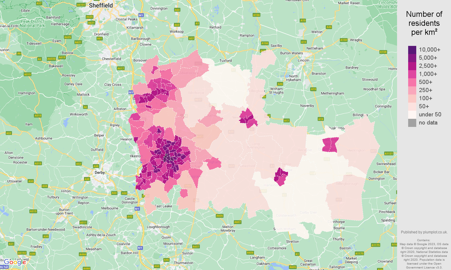 Nottingham population density map
