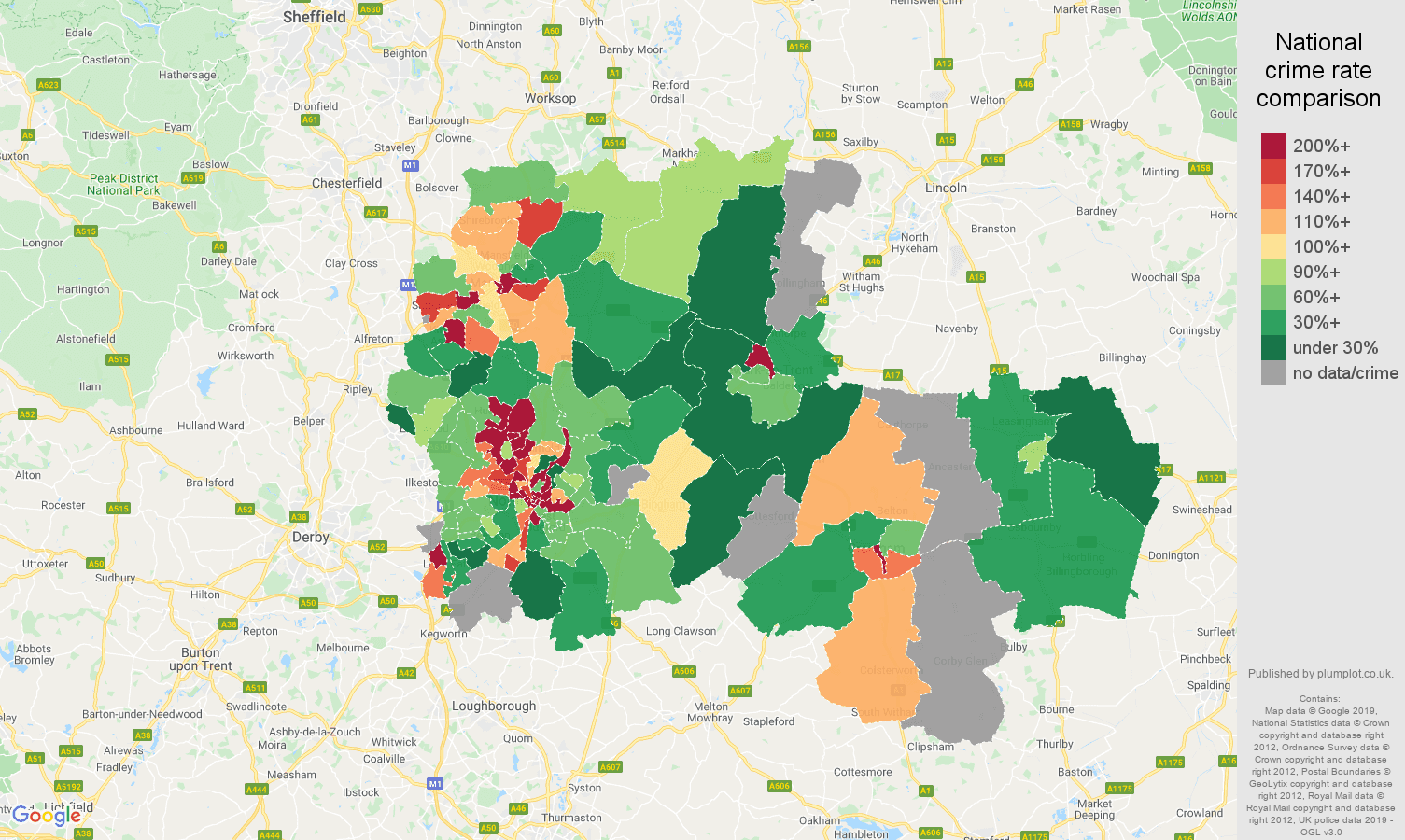 Nottingham possession of weapons crime rate comparison map