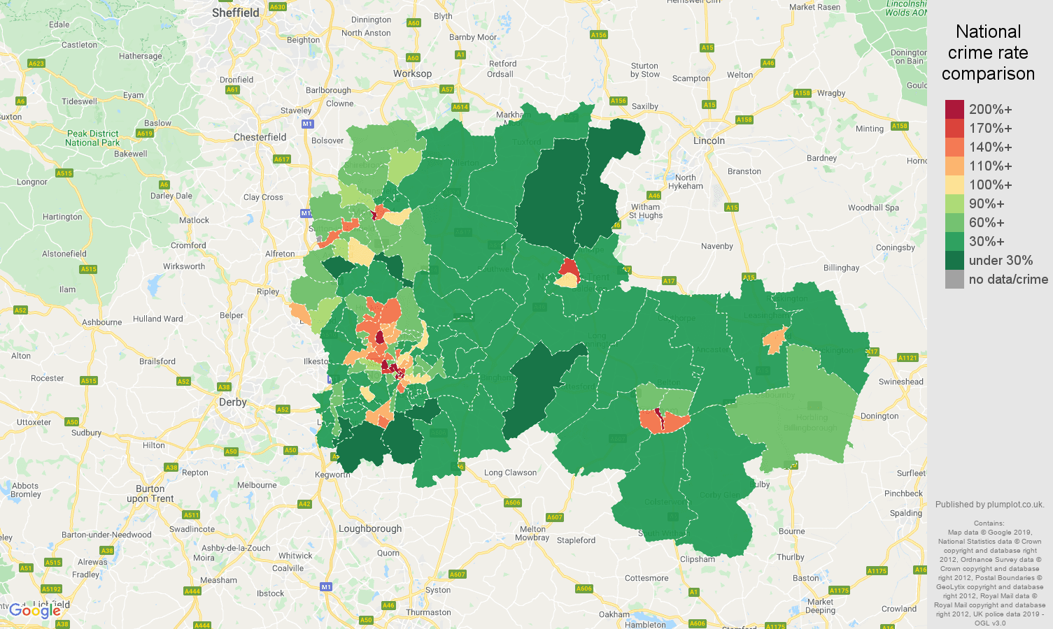 Nottingham public order crime rate comparison map