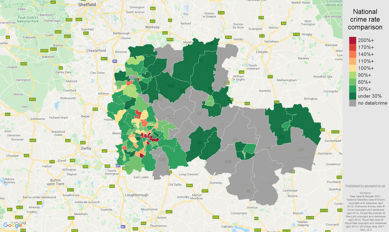 Nottingham robbery crime rate comparison map