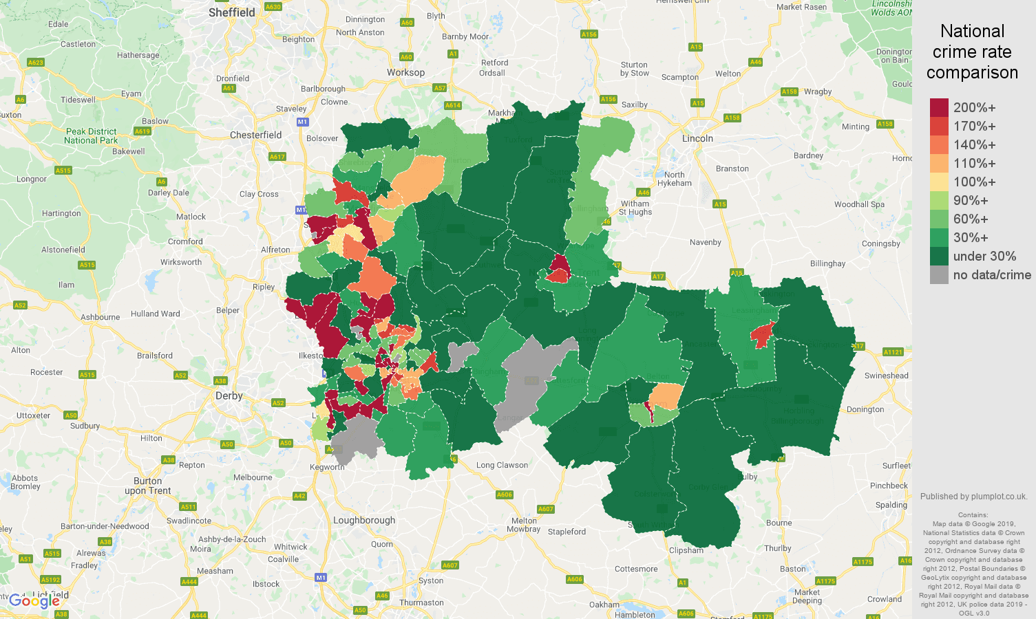 Nottingham shoplifting crime rate comparison map