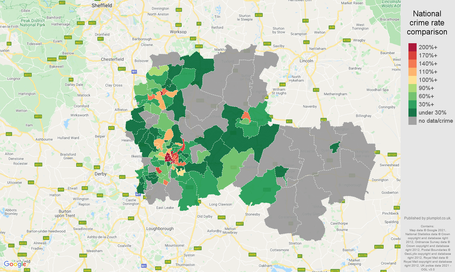 Nottingham theft from the person crime rate comparison map