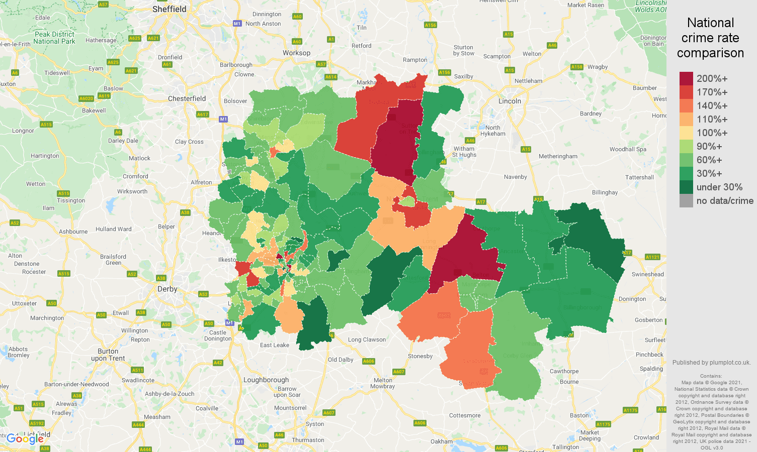 Nottingham vehicle crime rate comparison map