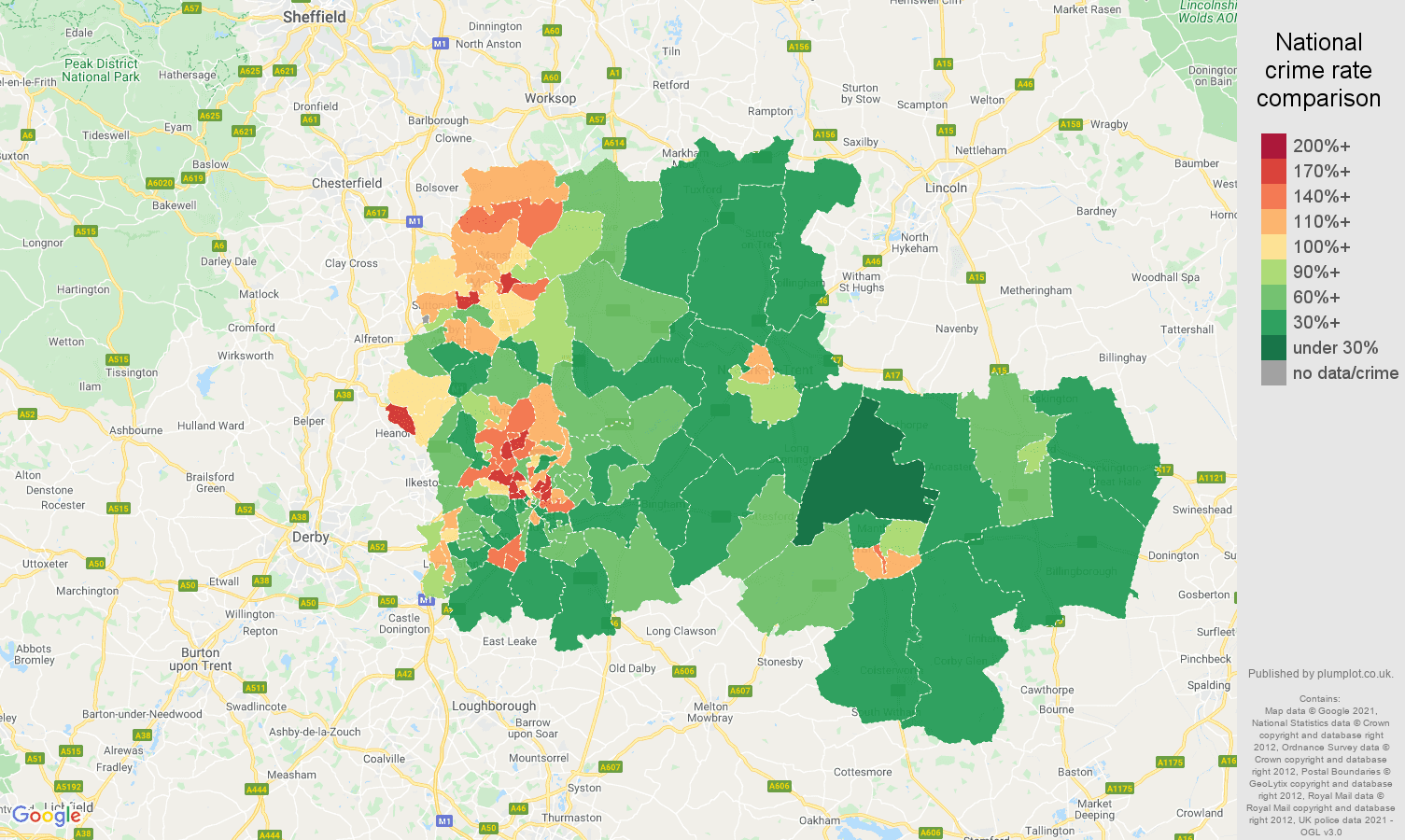 Nottingham violent crime rate comparison map