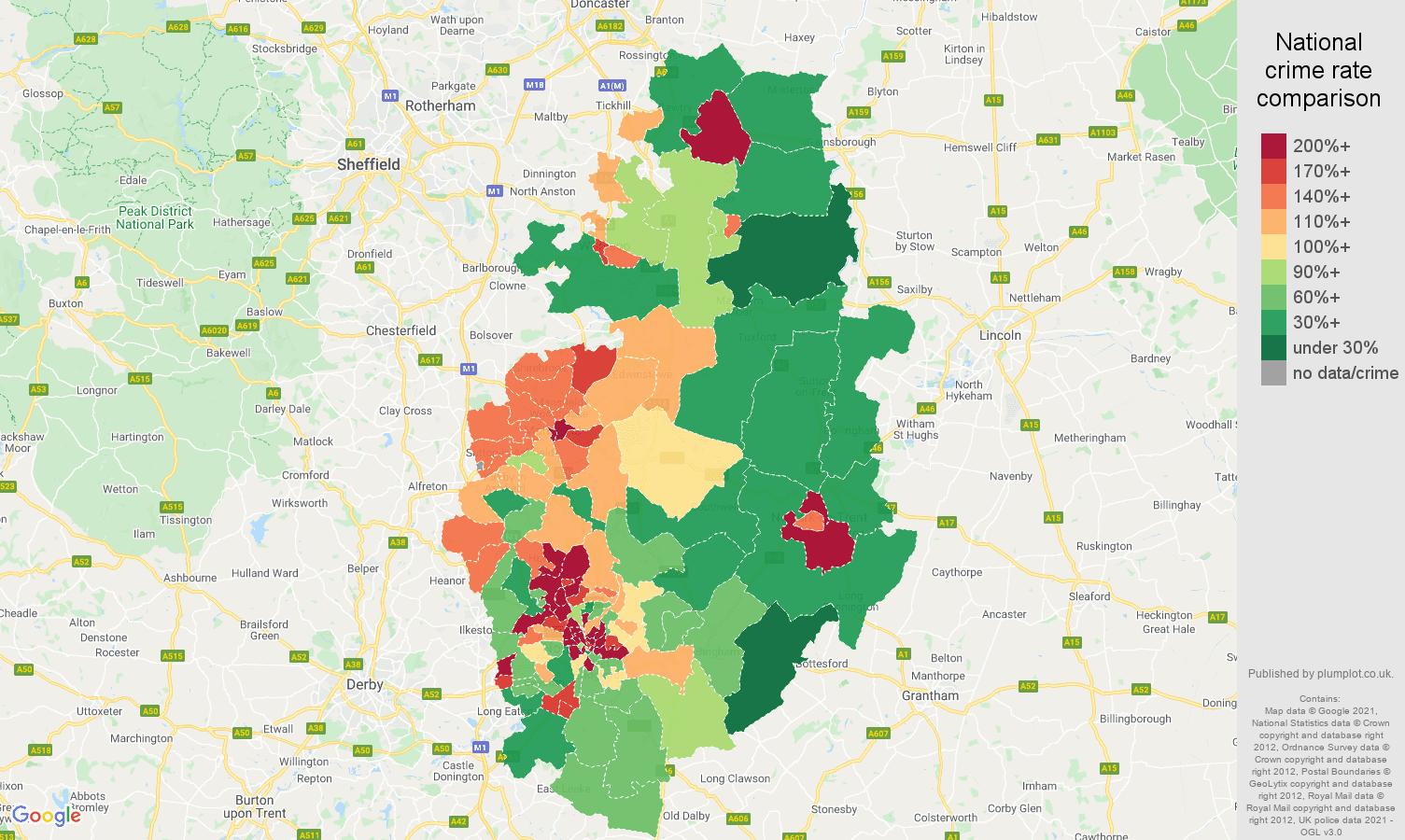 Nottinghamshire antisocial behaviour crime rate comparison map