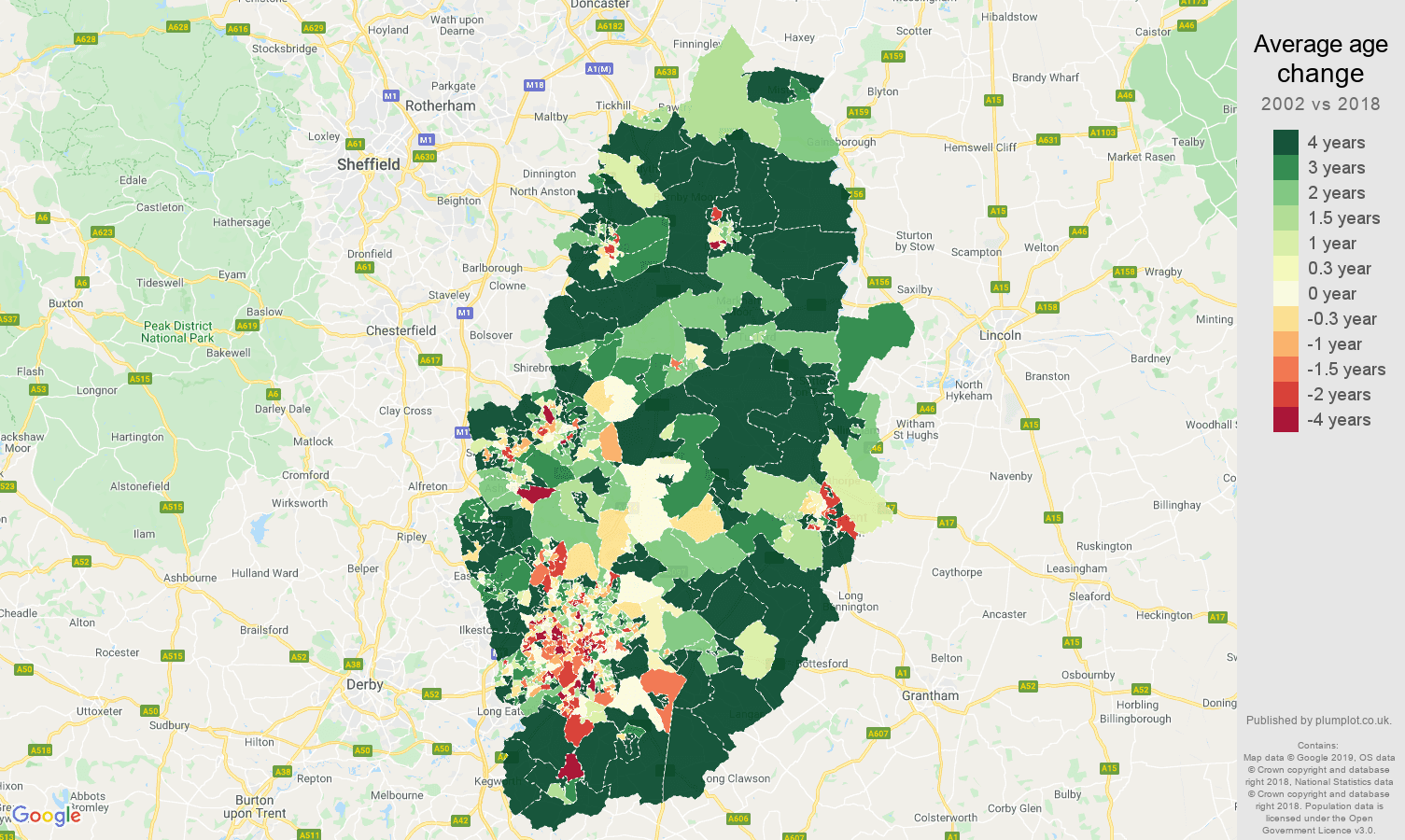 Nottinghamshire average age change map
