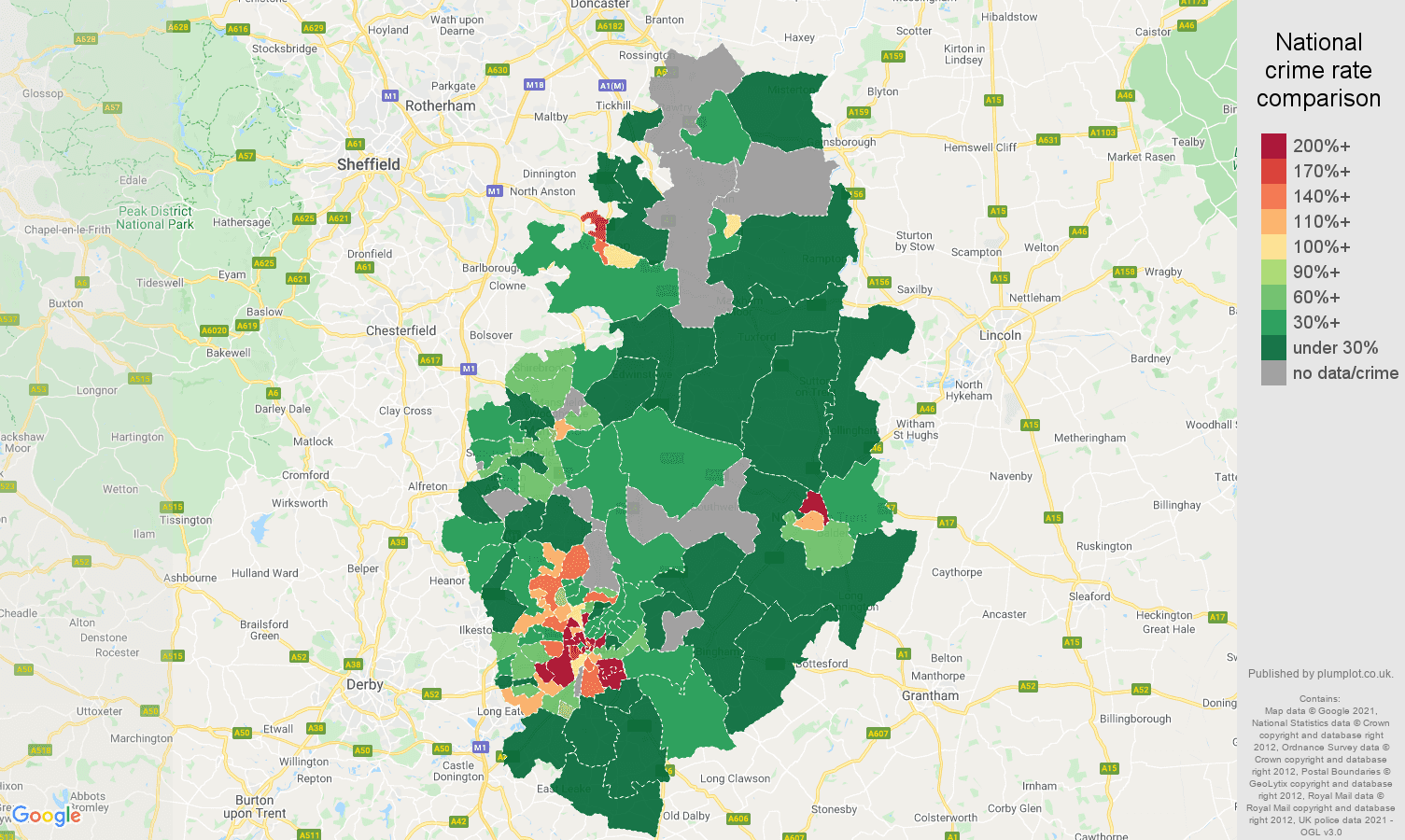 Nottinghamshire bicycle theft crime rate comparison map