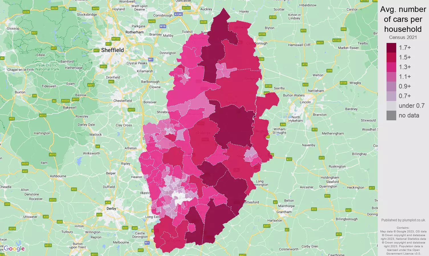 Nottinghamshire cars per household map