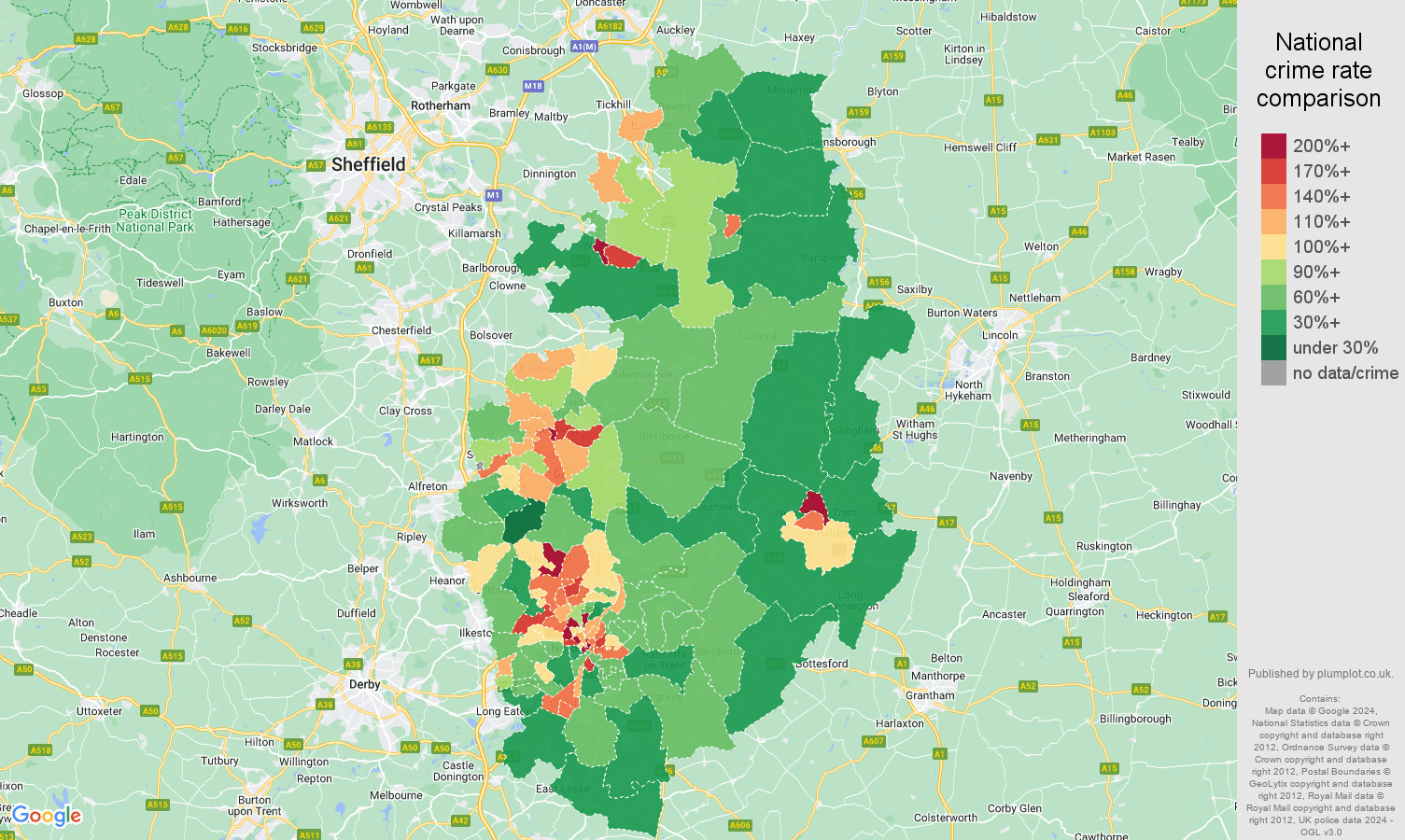 Nottinghamshire crime rate comparison map