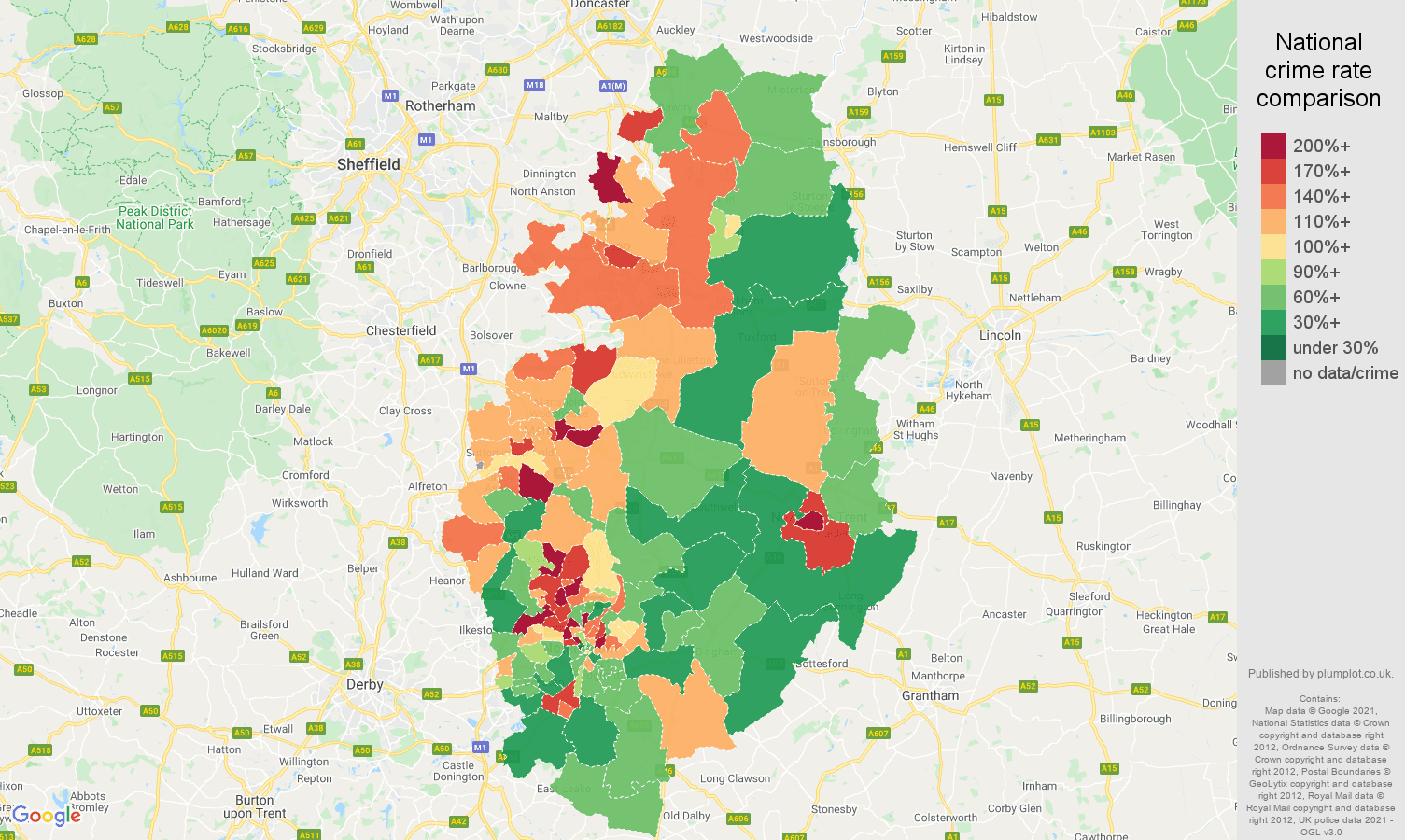 Nottinghamshire criminal damage and arson crime rate comparison map