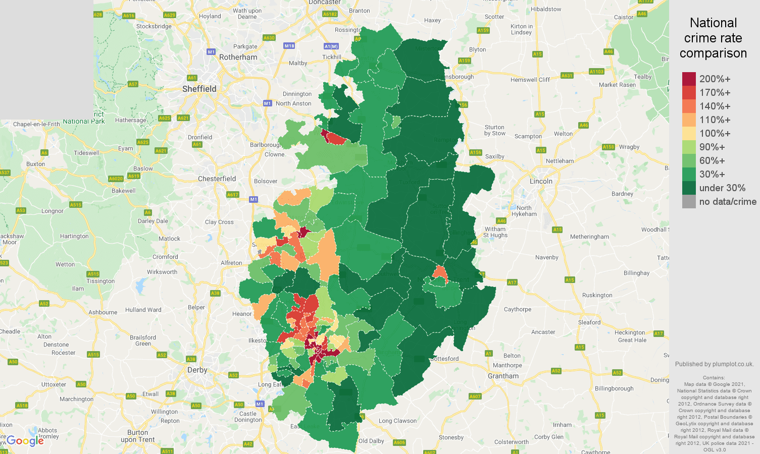 Nottinghamshire drugs crime rate comparison map
