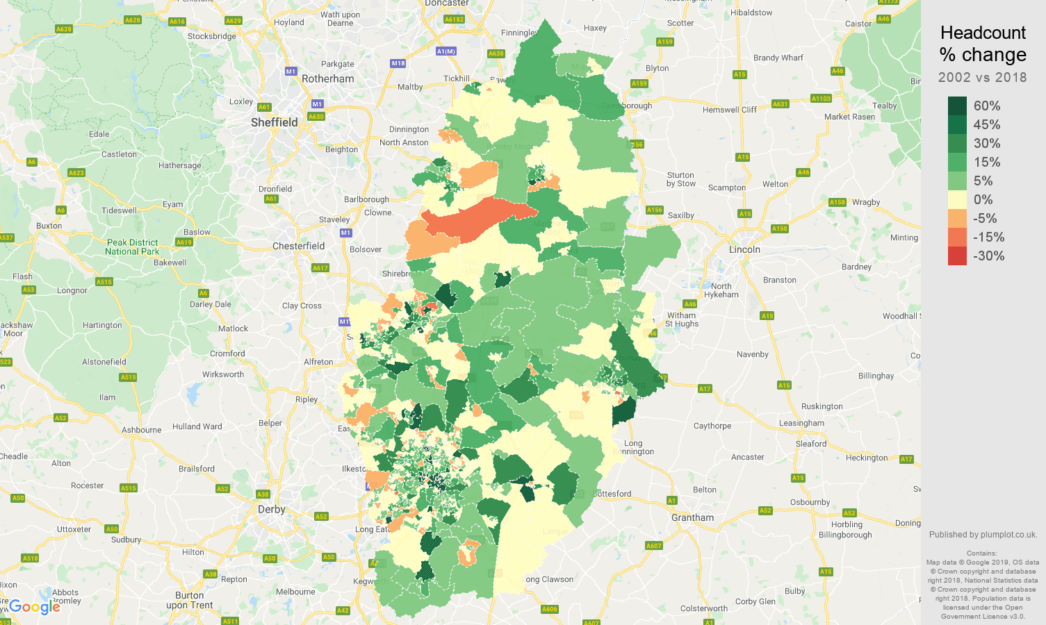 Nottinghamshire headcount change map