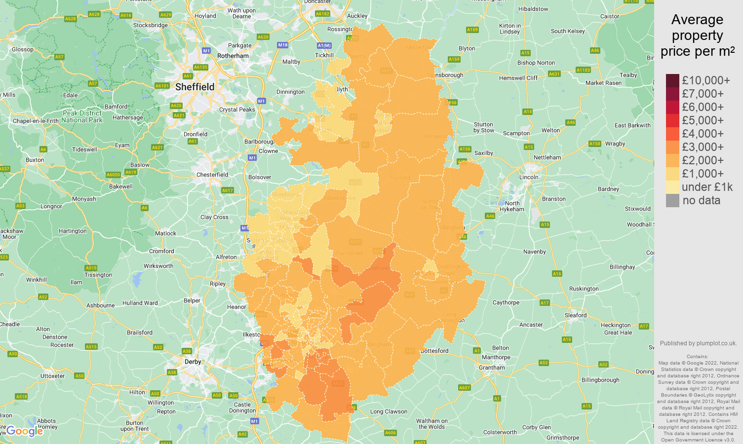 Nottinghamshire house prices per square metre map