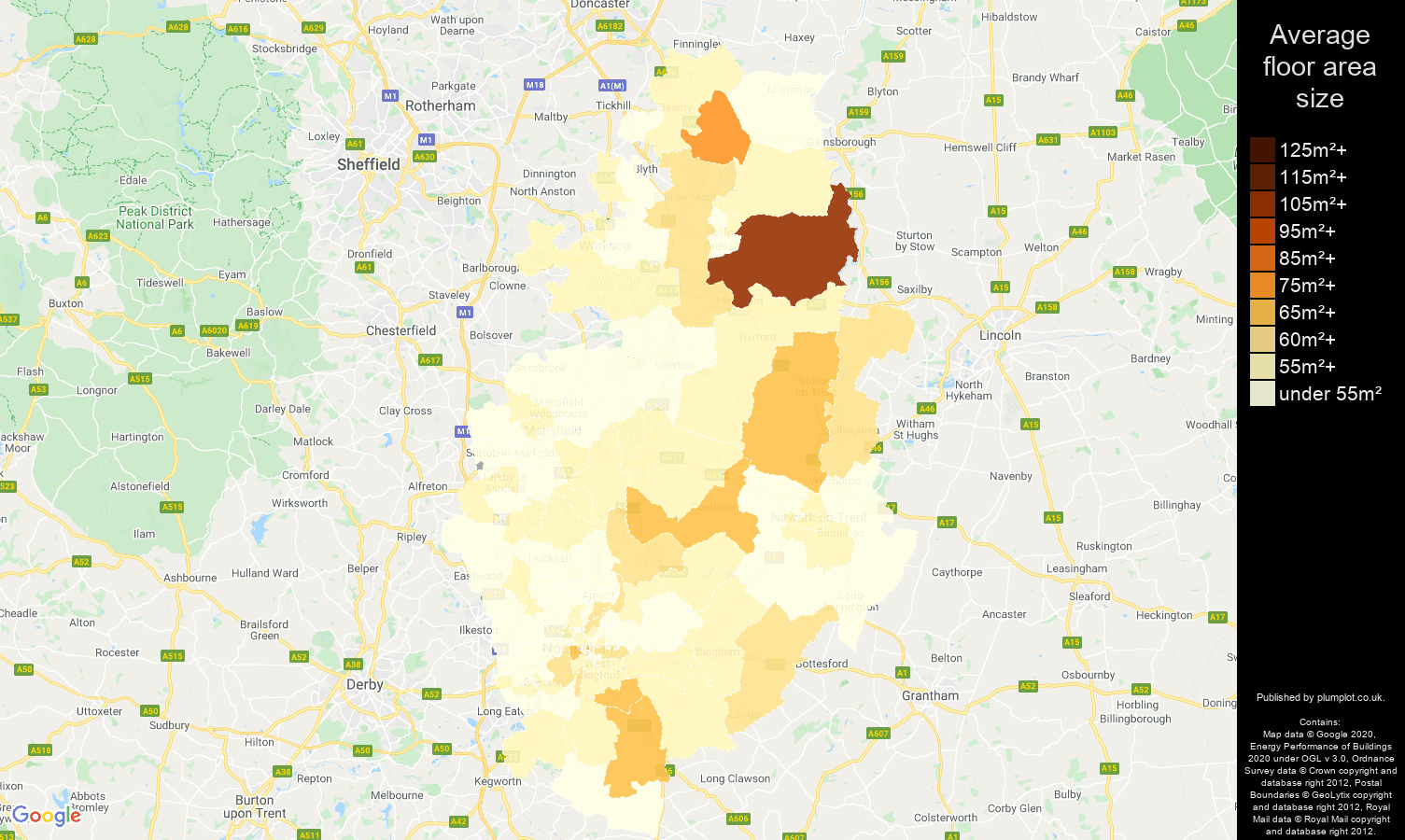 Nottinghamshire map of average floor area size of flats