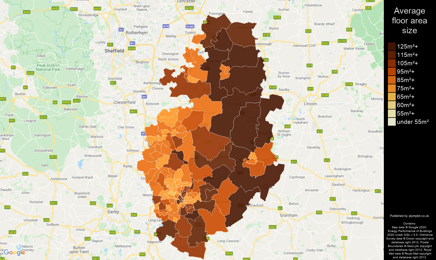 Nottinghamshire map of average floor area size of houses