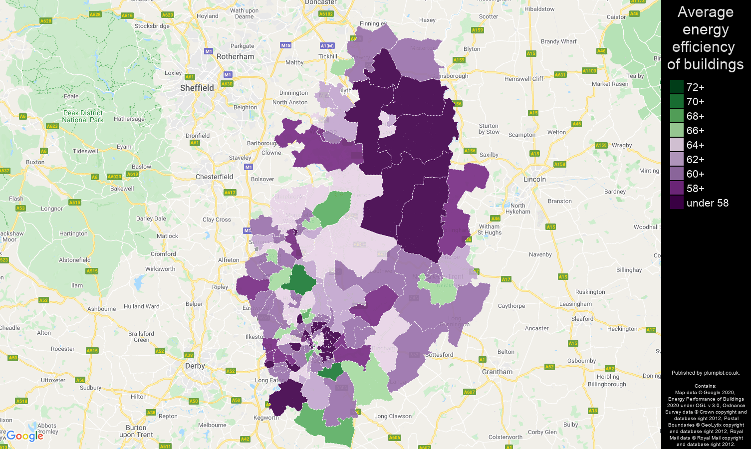 Nottinghamshire map of energy efficiency of houses