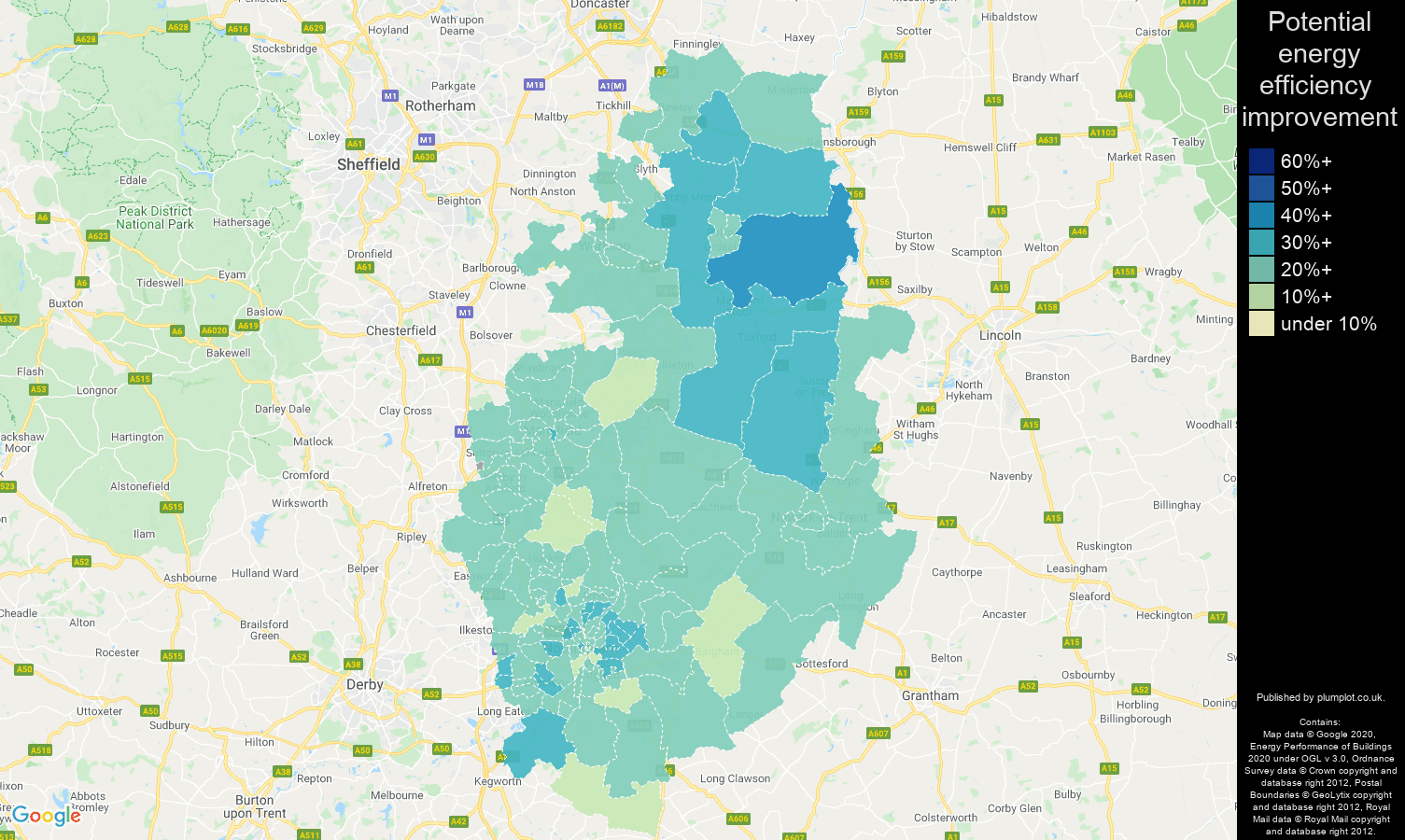 Nottinghamshire map of potential energy efficiency improvement of houses