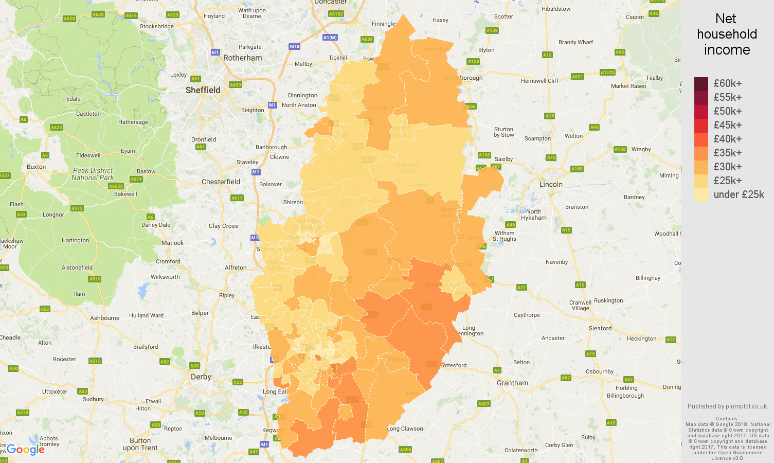 Nottinghamshire net household income map