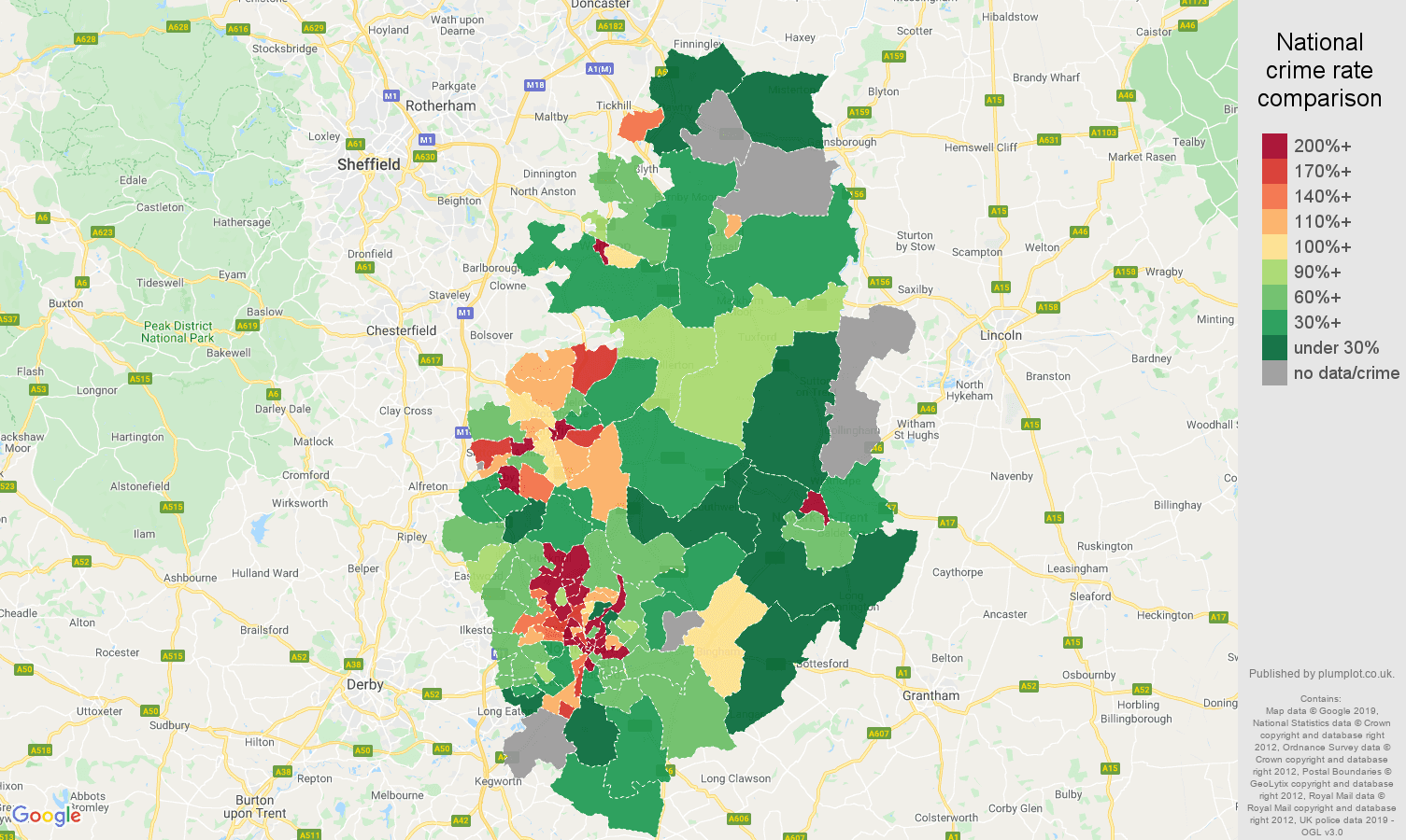 Nottinghamshire possession of weapons crime rate comparison map