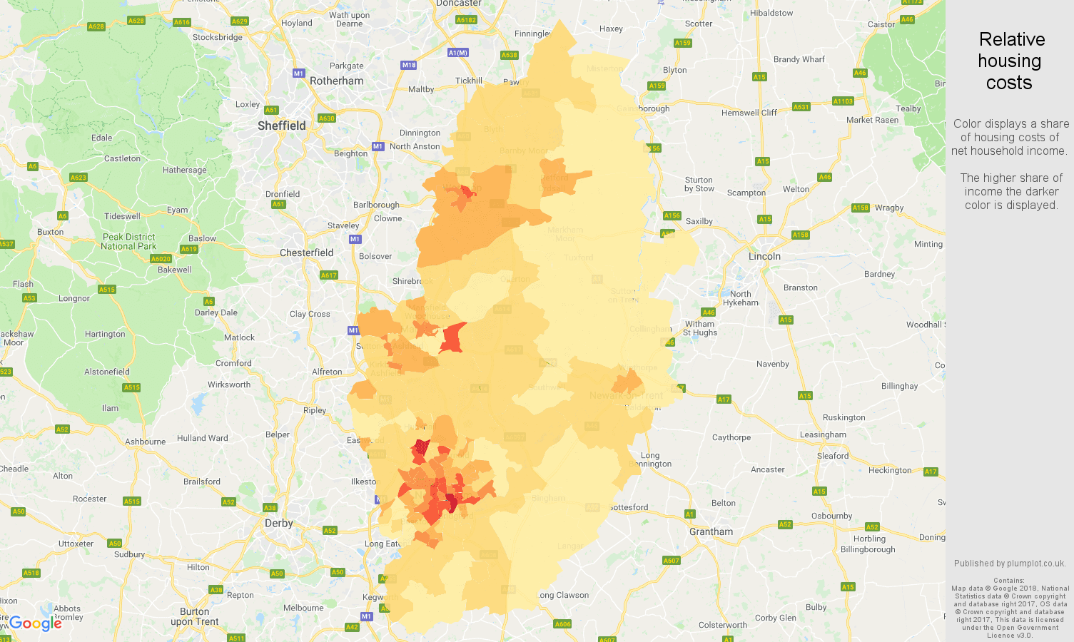 Nottinghamshire relative housing costs map