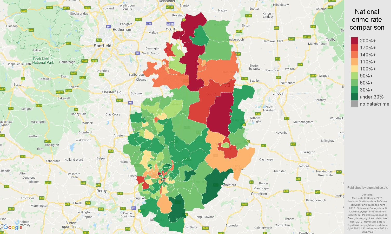 Nottinghamshire vehicle crime rate comparison map