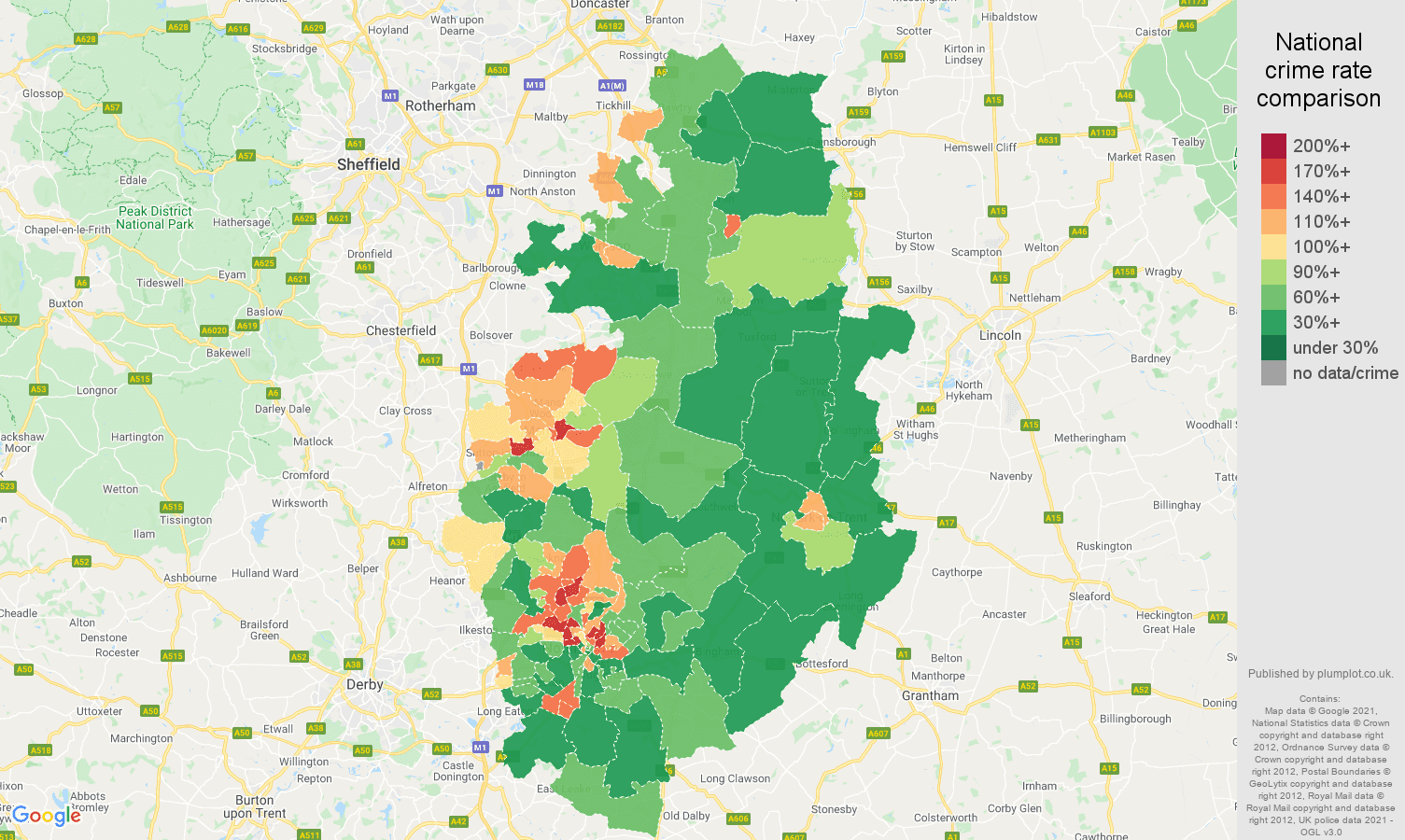 Nottinghamshire violent crime rate comparison map
