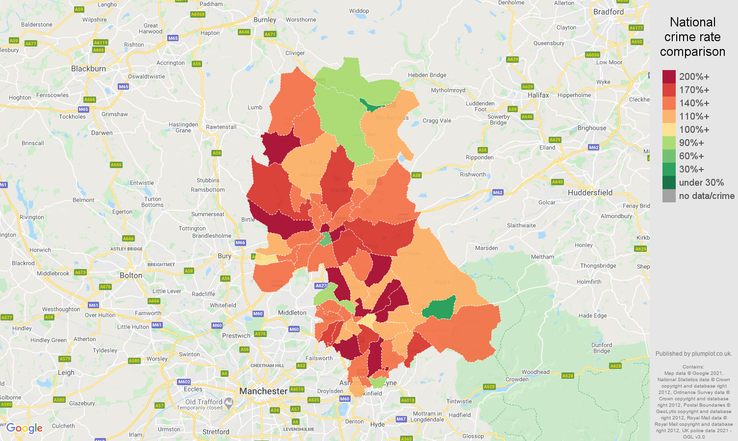 Oldham burglary crime rate comparison map