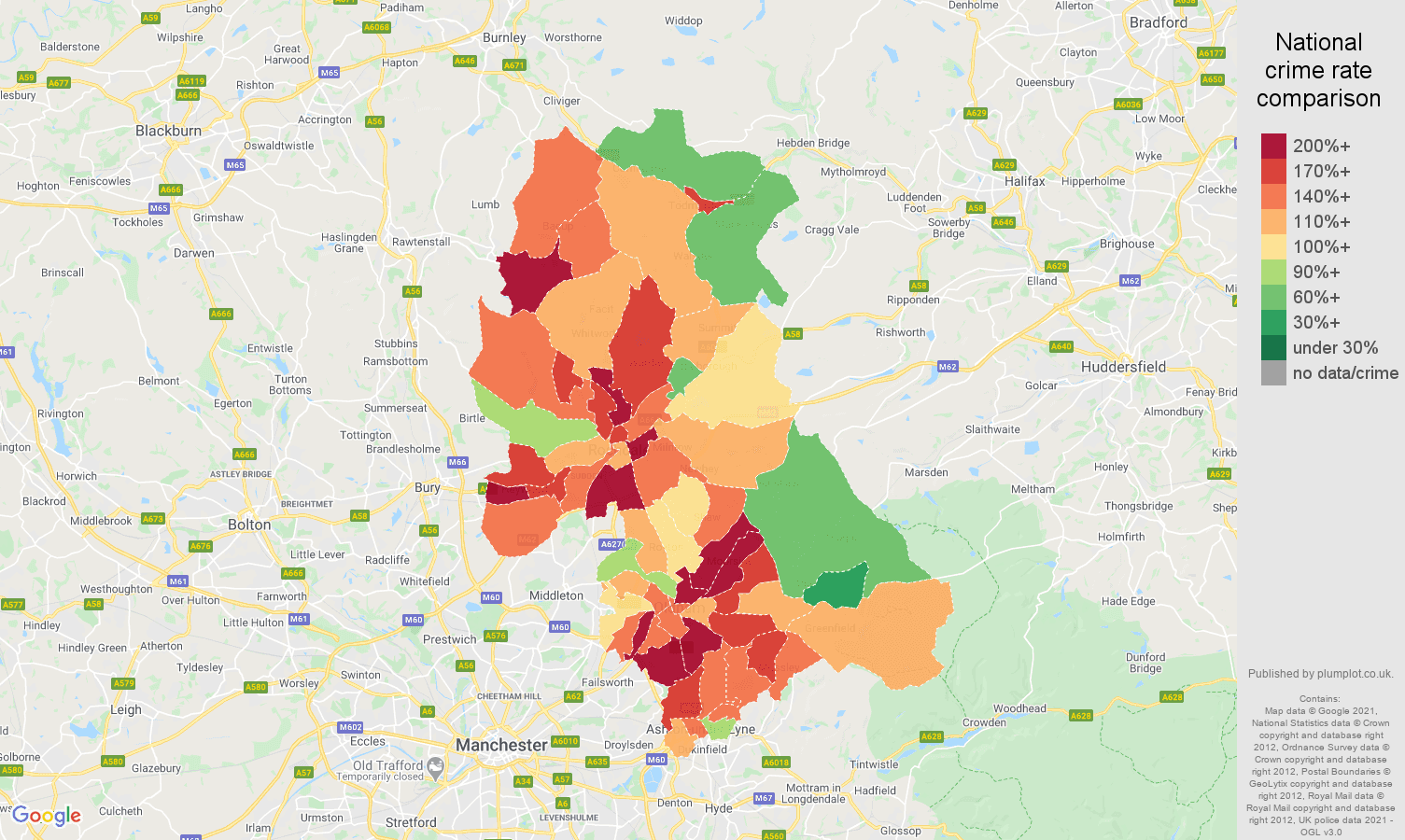 Oldham criminal damage and arson crime rate comparison map