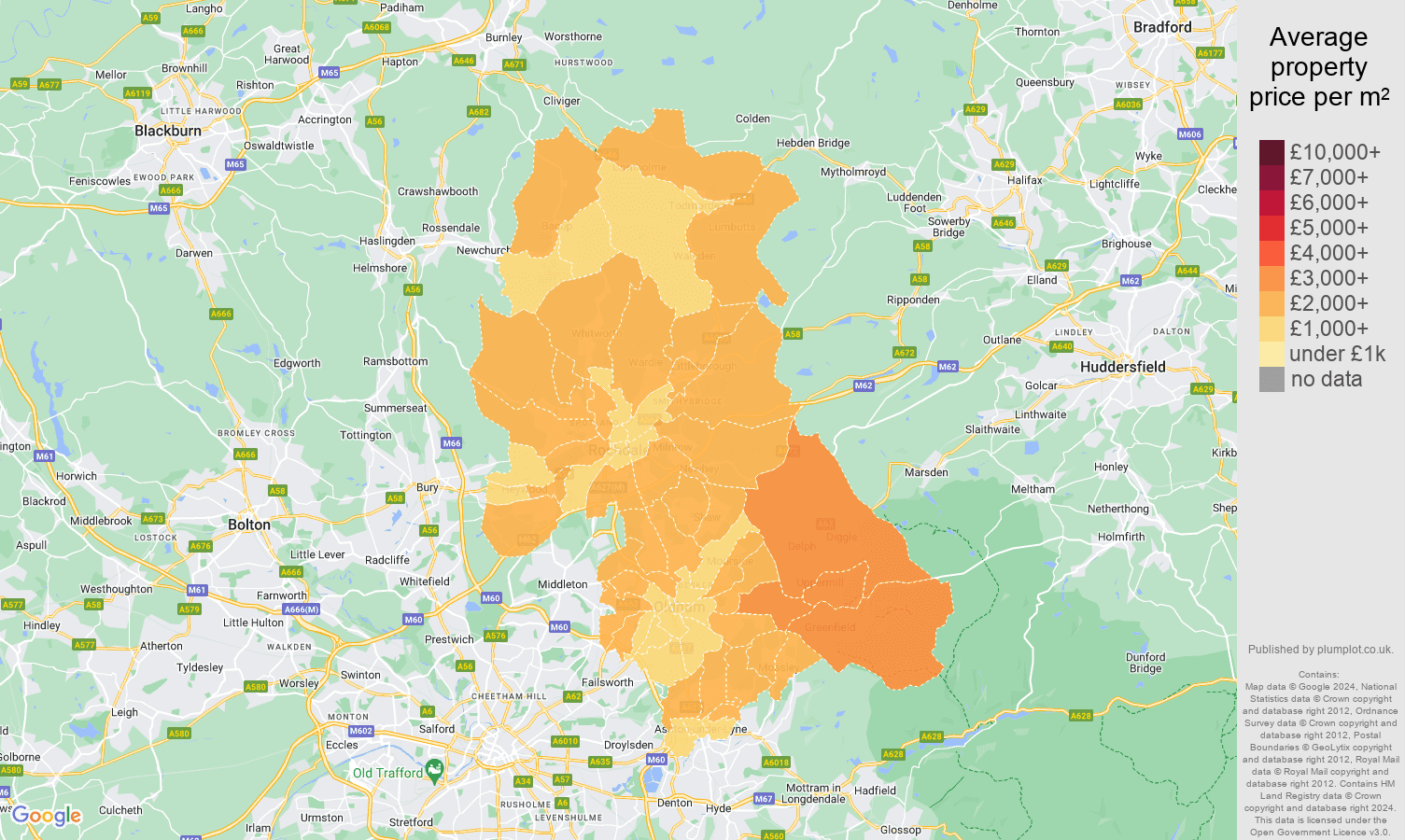 Oldham house prices per square metre map