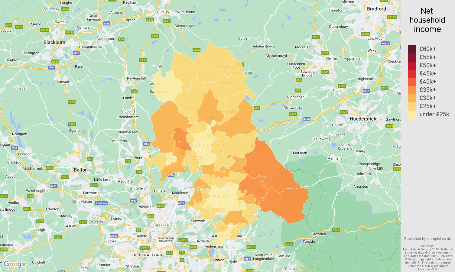 Oldham net household income map