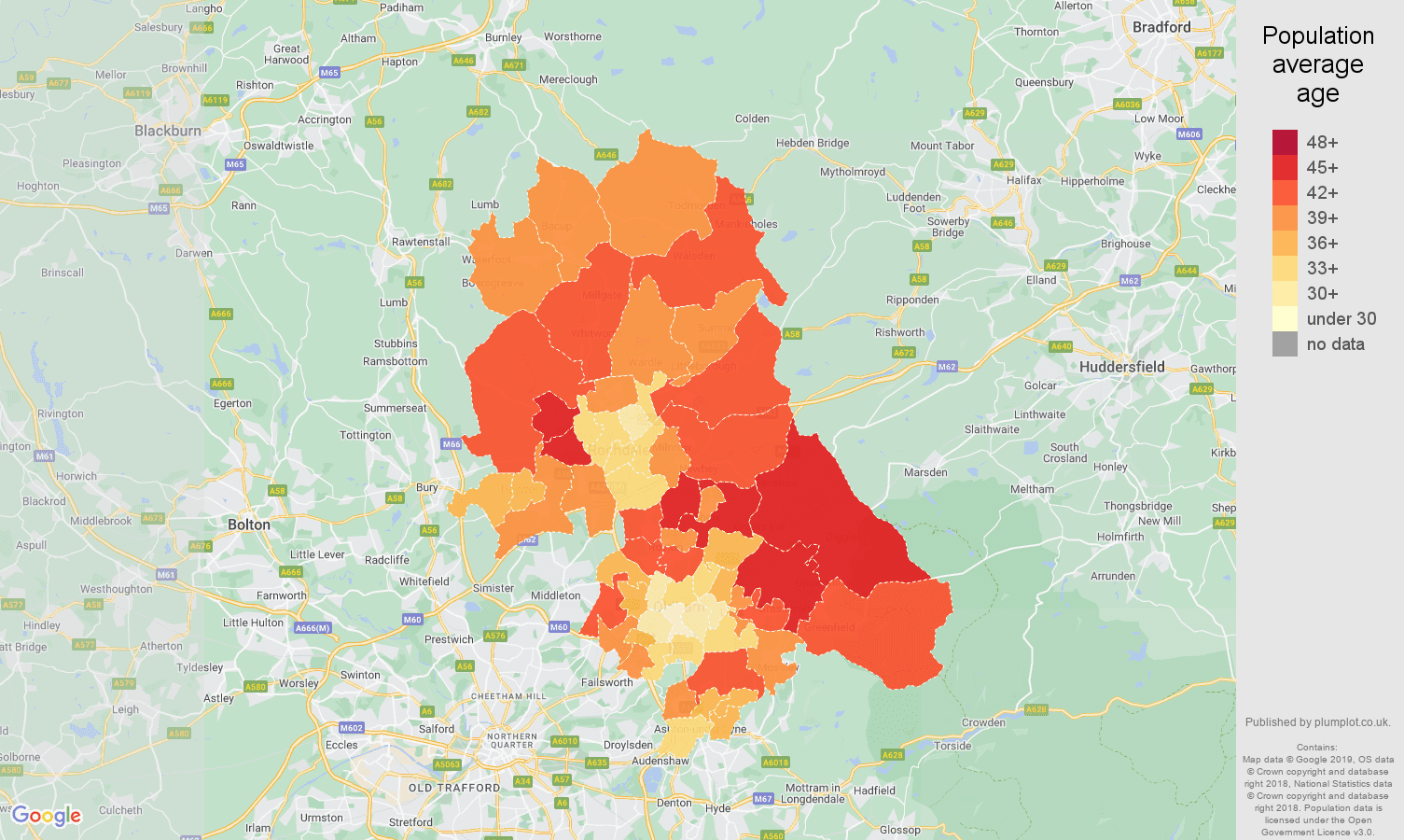 Oldham population average age map