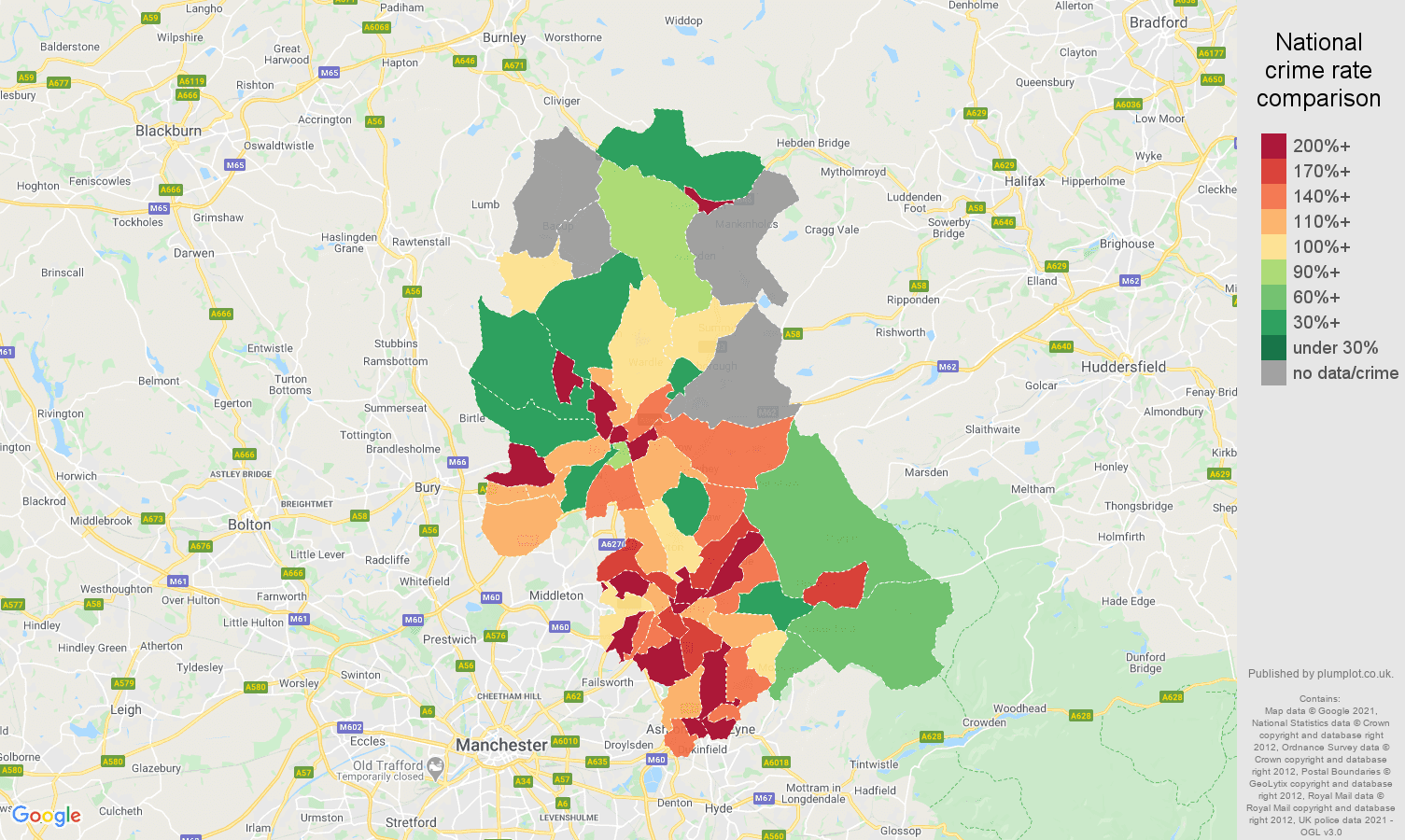 Oldham possession of weapons crime rate comparison map