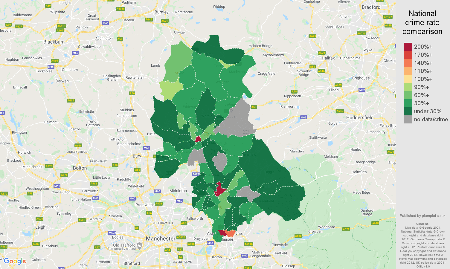 Oldham theft from the person crime rate comparison map