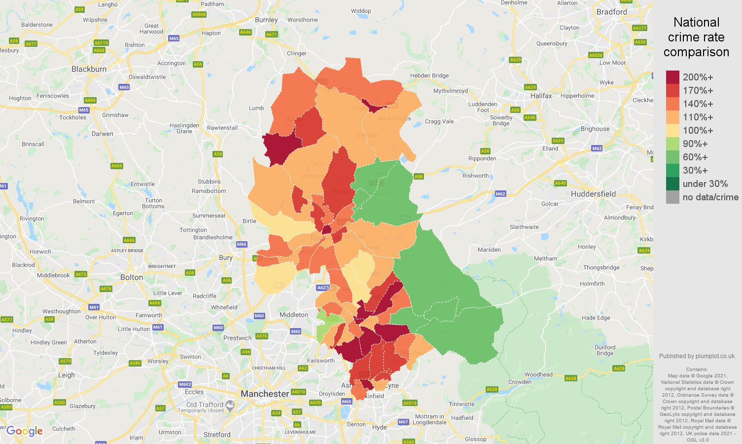 Oldham violent crime rate comparison map