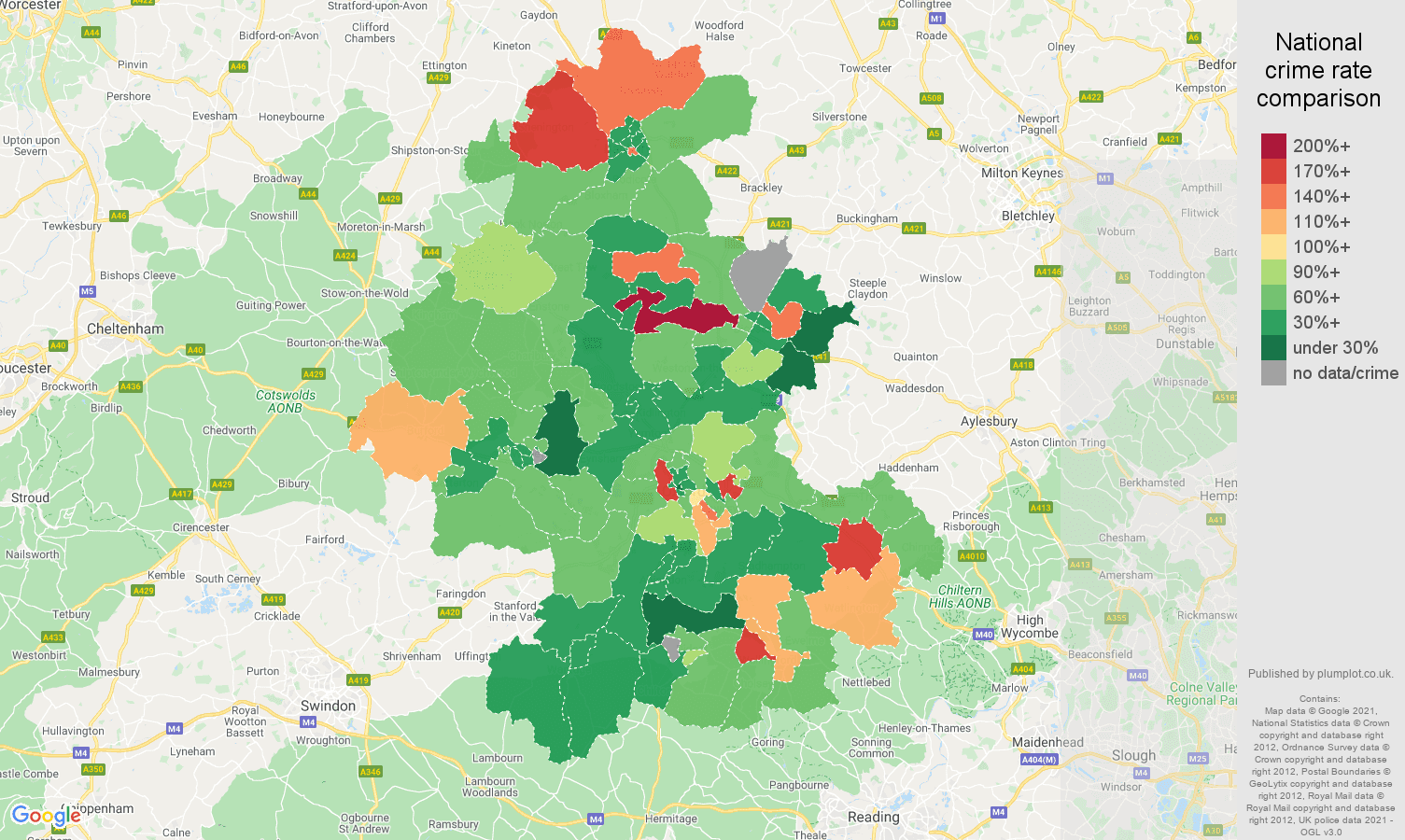 Oxford burglary crime rate comparison map
