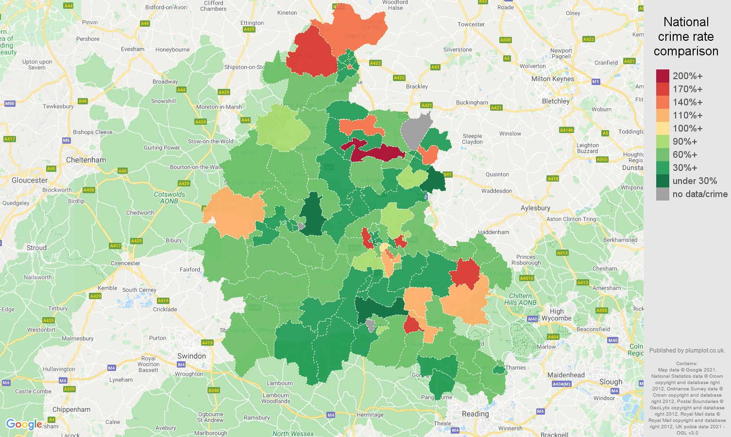 Oxfordshire burglary crime rate comparison map
