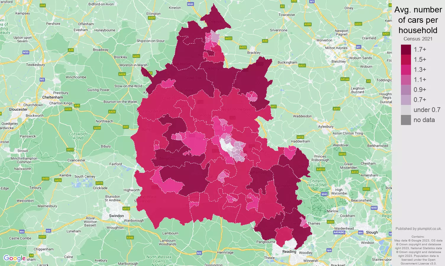 Oxfordshire cars per household map