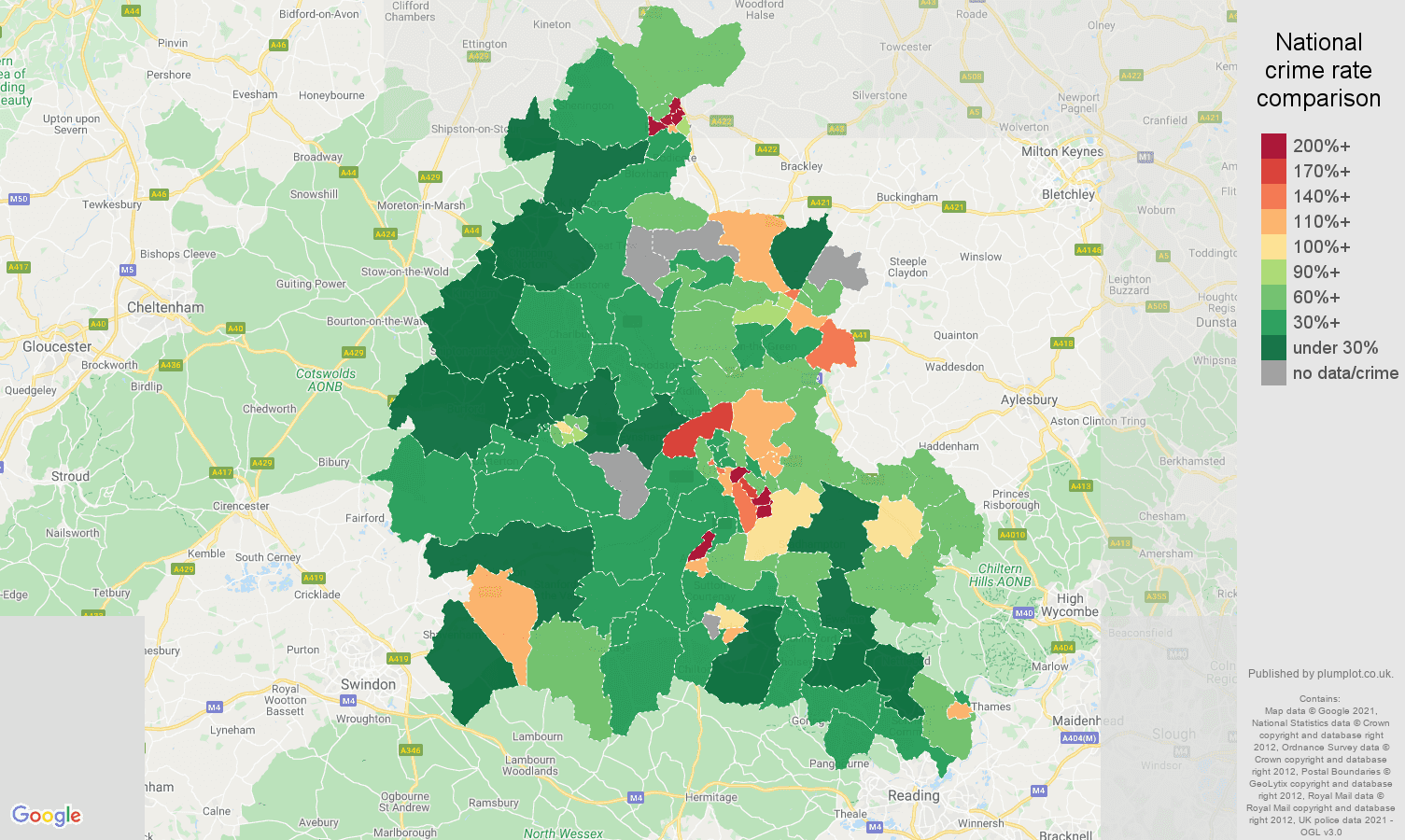 Oxfordshire drugs crime rate comparison map