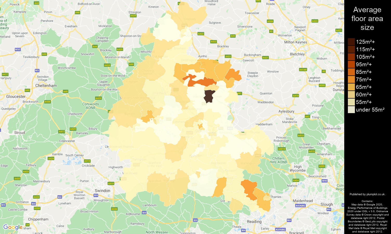 Oxfordshire map of average floor area size of flats