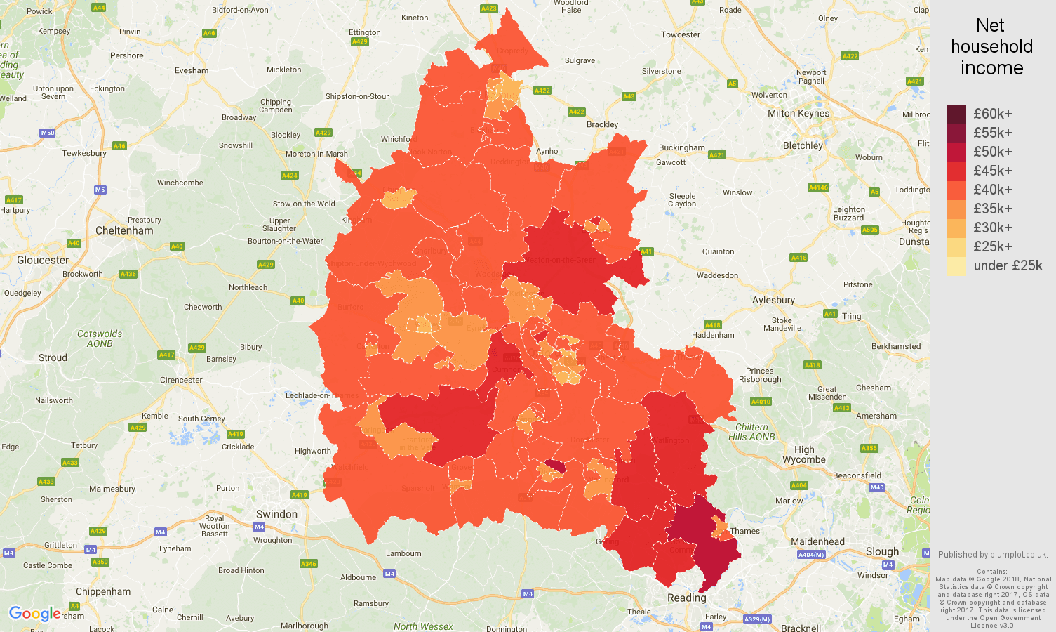 Oxfordshire net household income map