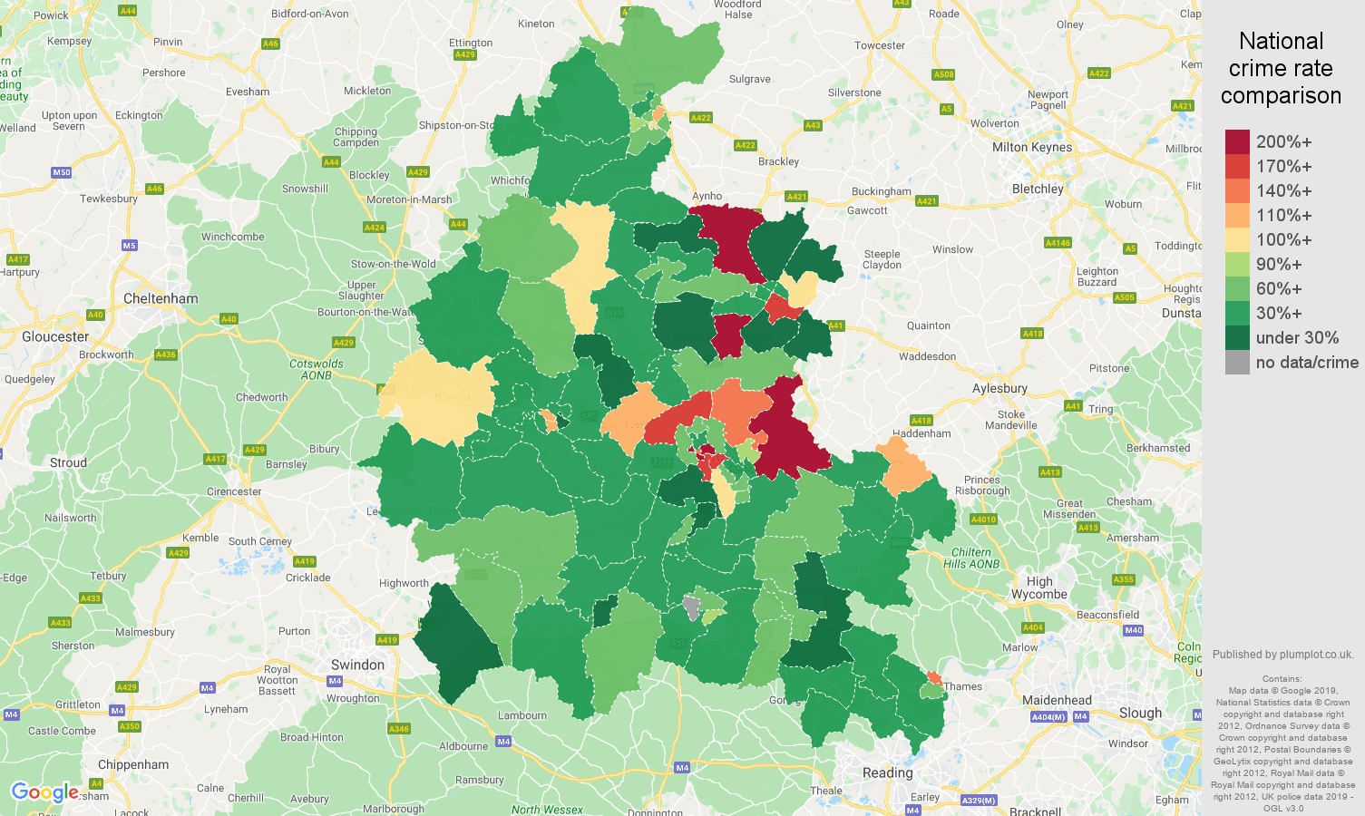 Oxfordshire other theft crime rate comparison map