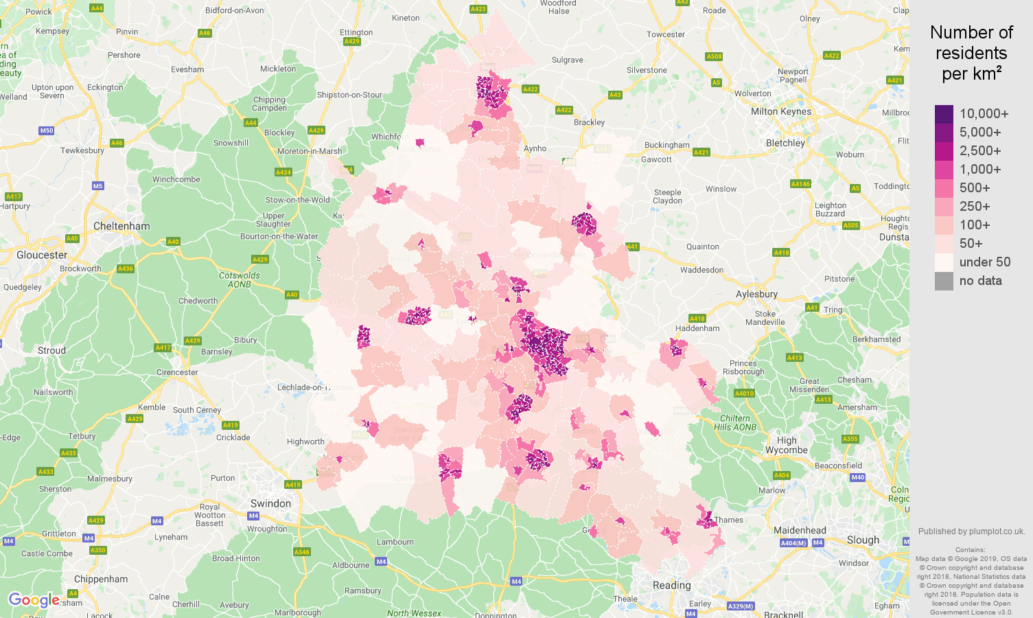 Oxfordshire population density map