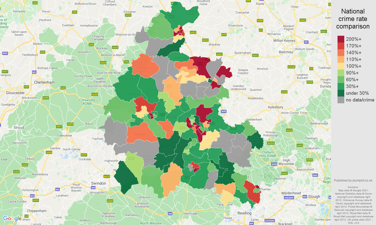 Oxfordshire theft from the person crime rate comparison map