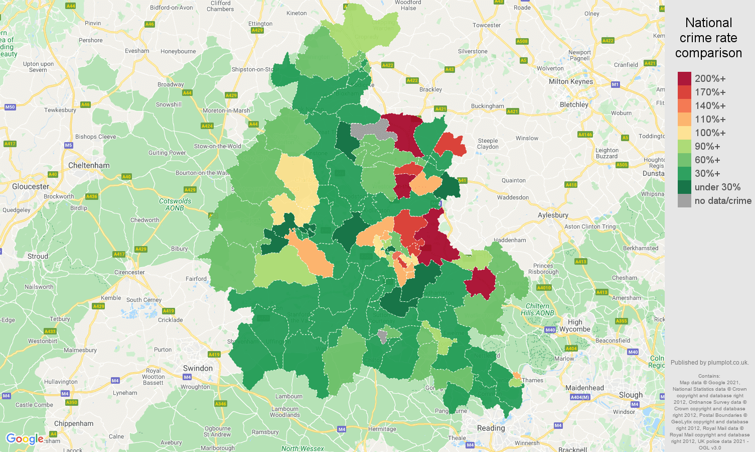 Oxfordshire vehicle crime rate comparison map
