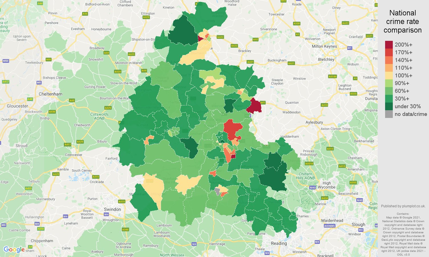 Oxfordshire violent crime rate comparison map