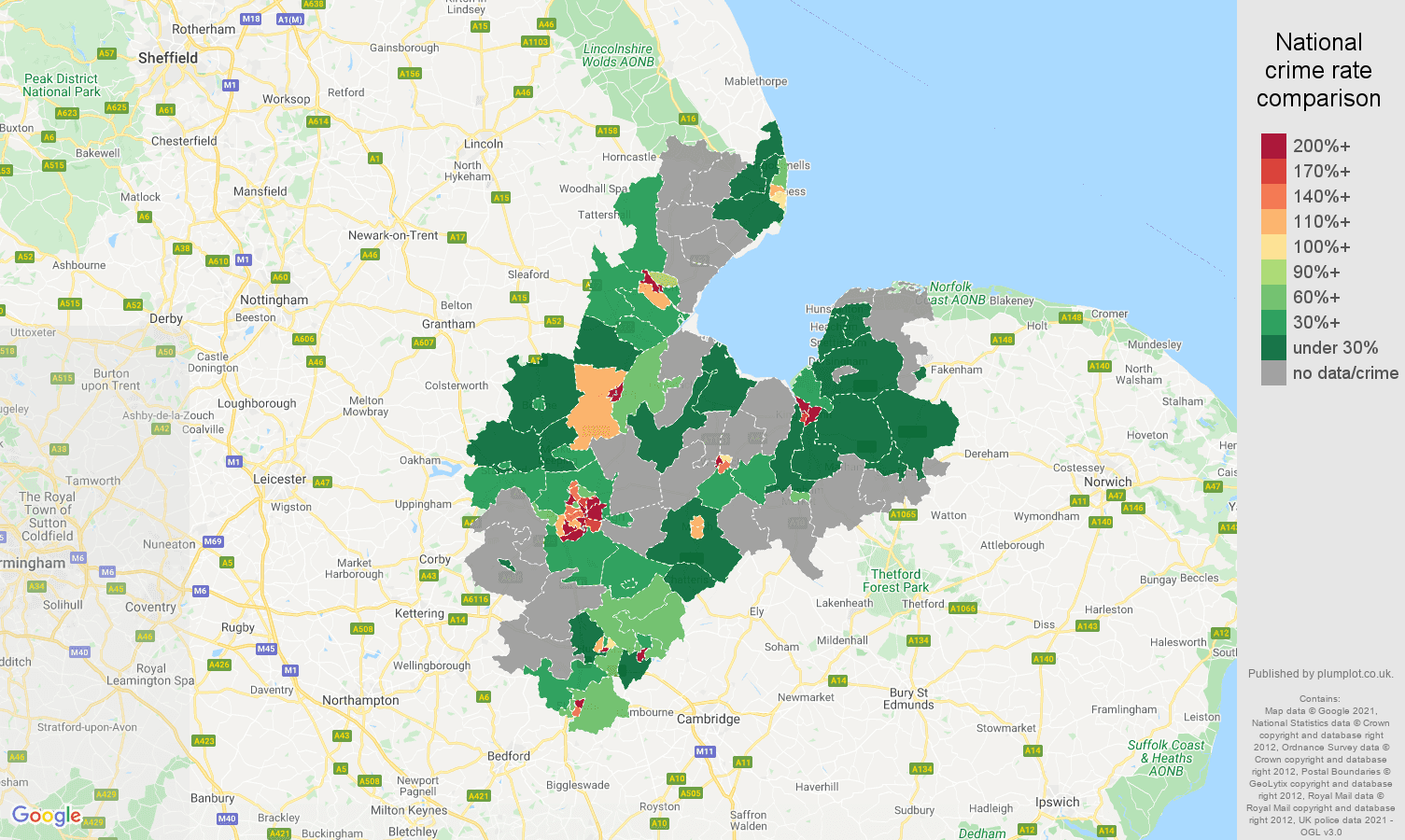 Peterborough bicycle theft crime rate comparison map