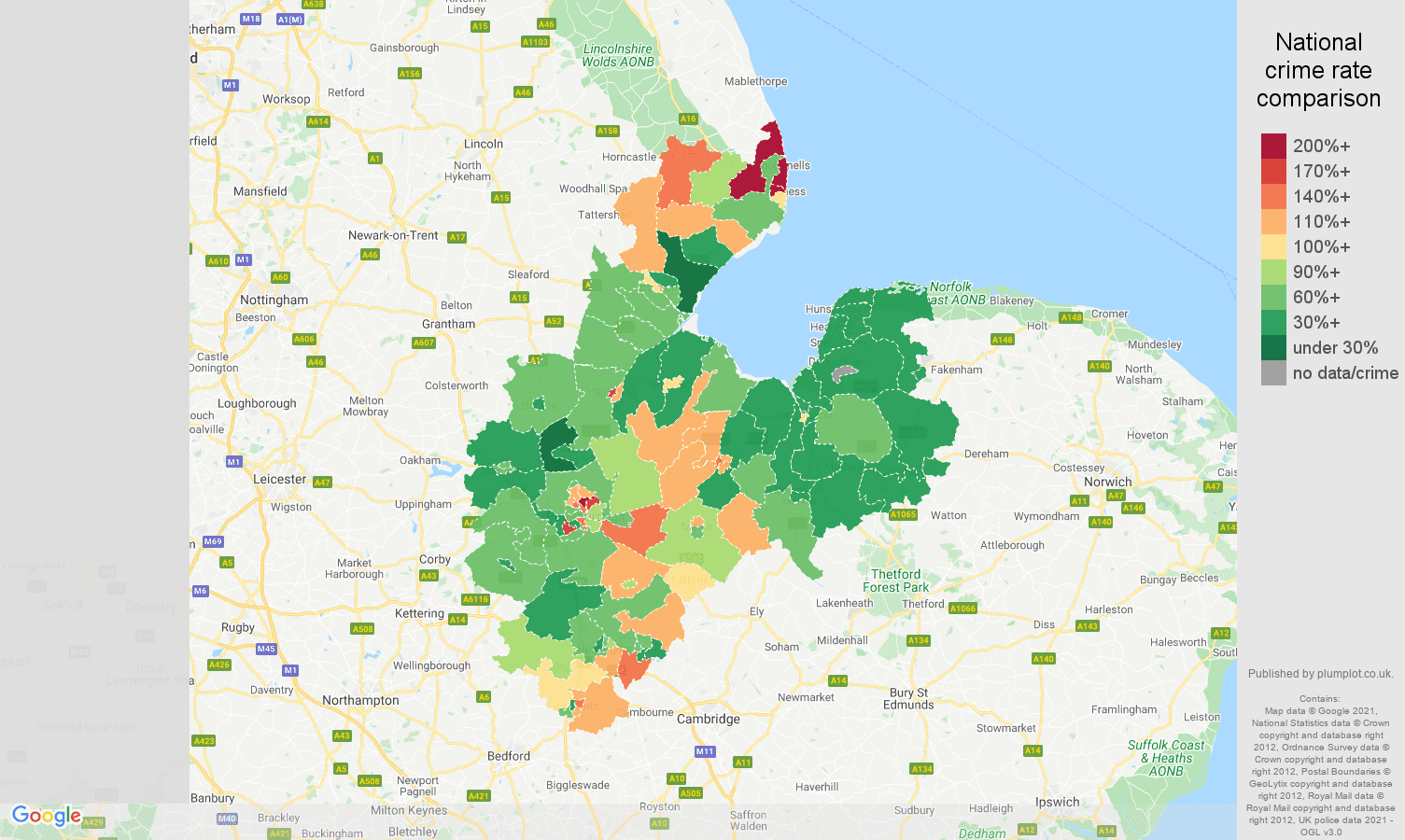 Peterborough burglary crime rate comparison map