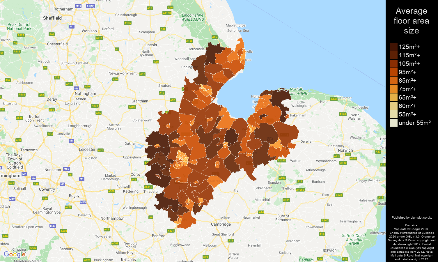 Peterborough map of average floor area size of properties