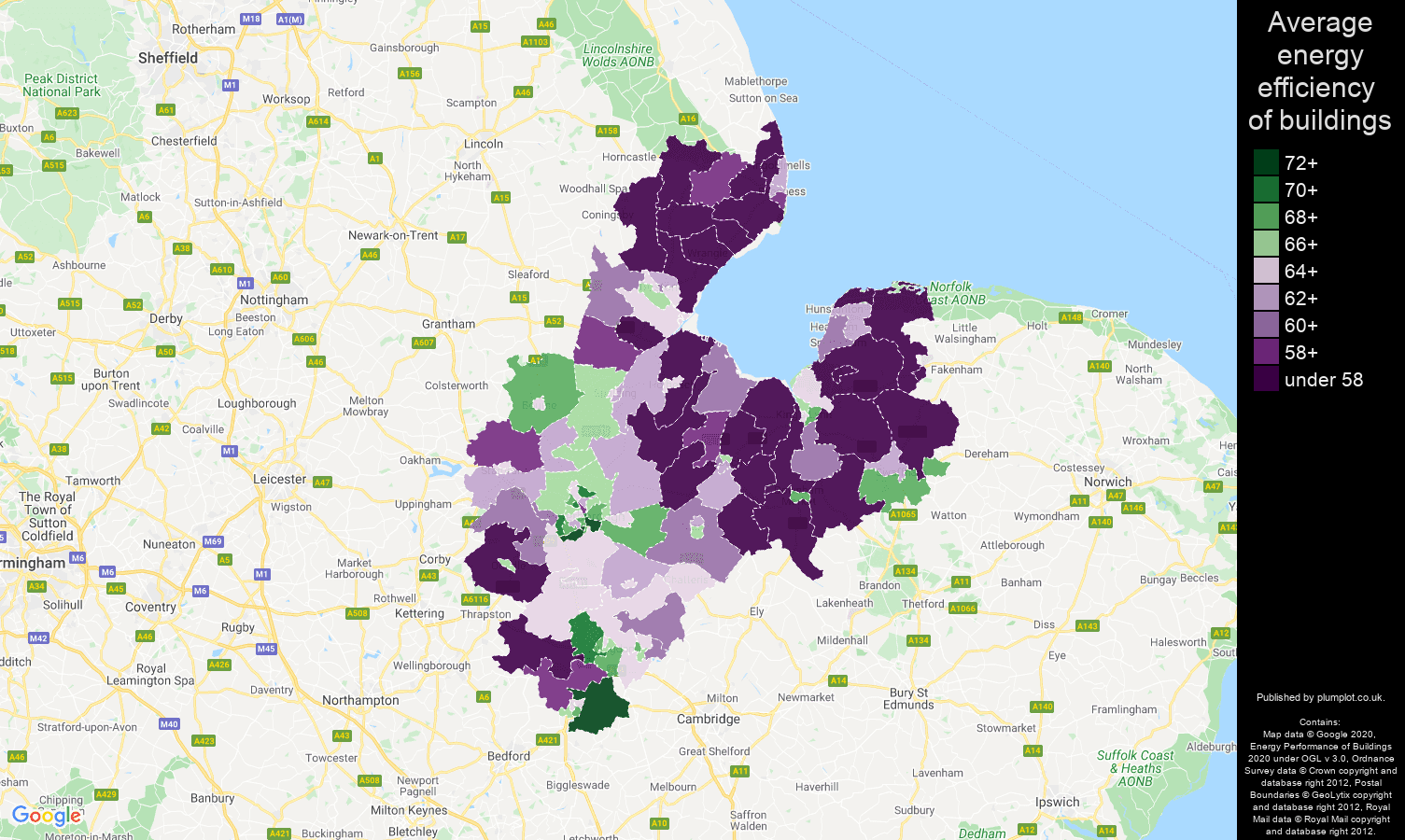 Peterborough map of energy efficiency of properties